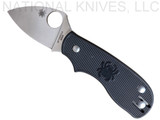Spyderco Squeak folding knife with thumb hole - shown open presentation side.  Satin M398 stainless steel plain edge blade. Black FRN handle.  Model C154PBK.
