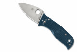 Spyderco Lil' Temperance 3 folding knife with thumb hole - shown open presentation side.  Satin K390 steel plain edge blade.  Blue FRN handle.  Model C69PBL3K390.
