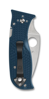 Spyderco Lil' Temperance 3 folding knife with thumb hole - shown closed pocket clip side.  Satin K390 steel plain edge blade.  Blue FRN handle.  Model C69PBL3K390.