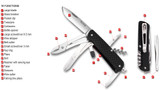 Ruike Knives M41-B multitool with 18 functions - shown open pocket clip side with diagram and closed pocket clip side.  Black G-10 handle.  Model M41-B.