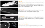 Ruike Knives M41-B multitool with 18 functions - close up of blade, close up of presentation side handle, close up of pocket clip side handle, and close up of glass breaker tip with descriptions next to each.  Black G-10 handle.  Model M41-B.