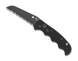 Spyderco Autonomy automatic folding knife with push button - shown open presentation side.  Black H-1 stainless steel serrated edge blade.  Black G-10 handle.  Model C165GSBBK.