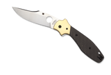 Spyderco Schempp Bowie folding knife with thumb hole - shown open presentation side.  Satin S30V stainless steel plain edge blade.  Black carbon fiber and G-10 laminate handle with brass bolster.  Model C190CFP.
For reference only.