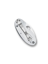 Spyderco Cricket folding knife with thumb hole - shown closed pocket clip side.  Satin VG-10 stainless steel plain edge blade.  Stainless steel handle.  Model C29P.