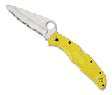 Spyderco Pacific Salt 2 folding knife with thumb hole - shown open presentation side.  Satin H-2 stainless steel serrated edge blade.  Yellow FRN handle.  Model C91SYL2.