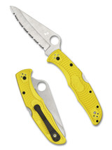 Spyderco Pacific Salt 2 folding knife with thumb hole - shown open presentation side and closed pocket clip side.  Satin H-2 stainless steel serrated edge blade.  Yellow FRN handle.  Model C91SYL2.