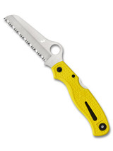 Spyderco Atlantic Salt folding knife with thumb hole - shown open presentation side.  Satin H-2 stainless steel serrated edge blade.  Yellow FRN handle. Model C89SYL.