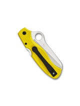 Spyderco Atlantic Salt folding knife with thumb hole - shown closed pocket clip side.  Satin H-2 stainless steel serrated edge blade.  Yellow FRN handle. Model C89SYL.