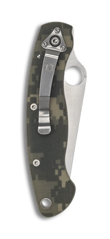 Spyderco Military folding knife with thumb hole - shown closed pocket clip side.  Satin S30V stainless steel plain edge blade.  Digi Camo G-10 handle.  Model C36GPCMO.
