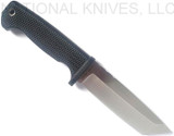 Demko Knives FreeReign Tanto fixed blade knife - shown out of sheath obverse.  Satin AUS10A stainless steel plain edge blade.  Black rubber handle.  