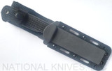 Demko Knives FreeReign Tanto fixed blade knife - shown in sheath obverse.  Satin AUS10A stainless steel plain edge blade.  Black rubber handle.  
