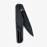 Tactile Knife Co Seasonal Release Stealth folding knife with thumb stud - shown partially open pocket clip side.  Black MagnaCut stainless steel plain edge blade.  Stealth themed titanium handle.