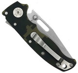 Demko Knives AD20.5 folding knife with thumb stud and slot - shown closed pocket clip side.  S35VN stainless steel, clip point, plain edge blade.  Camo G-10 handle.  Model AD20.5-CPPE-S35VN-CAMOG10.