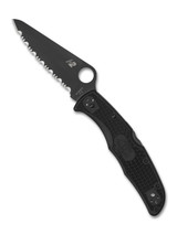 Spyderco Pacific Salt 2 folding knife with thumb hole - shown open presentation side.  Black H-2 stainless steel serrated edge blade.  Black FRN handle.  Model C91SBBK2.