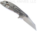 Rick Hinderer Knives Fatty XM-18 3.5" Wharncliffe folding knife with thumb stud and flipper tab - shown open lock side.  Stonewash S45VN stainless steel plain edge blade.  Black G-10 handle with stonewash lock side.  Model KXM35FAWC.