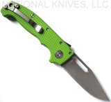 Demko Knives MG AD-20 clip point folding knife with thumb stud and thumb slot - shown open pocket clip side.  Stonewash 3V steel plain edge blade.  Neon green G-10 handle.