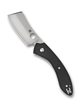 Spyderco Roc folding knife with thumb hole - shown open presentation side.  Gray VG-10 stainless steel plain edge blade. Black G-10 handle.  Model C177GP.