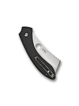 Spyderco Roc folding knife with thumb hole - shown closed pocket clip side.  Gray VG-10 stainless steel plain edge blade. Black G-10 handle.  Model C177GP.