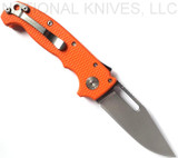 Demko Knives MG AD-20 clip point folding knife with thumb stud and thumb slot - shown open pocket clip side.  Stonewash 3V steel plain edge blade.  Orange G-10 handle.