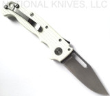 Demko Knives MG AD-20 clip point folding knife with thumb stud and thumb slot - shown open pocket clip side.  Stonewash 3V steel plain edge blade.  White G-10 handle.