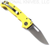 Demko Knives MG AD-20 clip point folding knife with thumb stud and thumb slot - shown open pocket clip side.  Stonewash 3V steel plain edge blade.  Yellow G-10 handle.