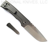 Chaves Knives Redencion 229 Drop Point folding knife with flipper tab - shown open lock side with extra pocket clip aside it.  M390 stainless steel plain edge blade.  Stonewashed titanium handle.  Model 229/KS/RDP/SWTI.