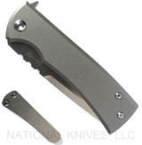 Chaves Knives Redencion 229 Drop Point folding knife with flipper tab - shown closed presentation side with extra pocket clip aside it.  M390 stainless steel plain edge blade.  Stonewashed titanium handle.  Model 229/KS/RDP/SWTI.