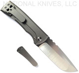 Chaves Knives Redencion 229 Drop Point folding knife with flipper tab - shown open lock side with extra pocket clip aside it.  M390 stainless steel plain edge blade.  Black G-10 handle.  Model 229/KS/RDP/G10BK.