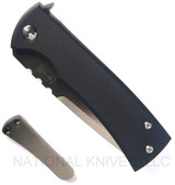 Chaves Knives Redencion 229 Drop Point folding knife with flipper tab - shown closed presentation side with extra pocket clip aside it.  M390 stainless steel plain edge blade.  Black G-10 handle.  Model 229/KS/RDP/G10BK.