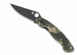 Spyderco Military folding knife with thumb hole - shown open presentation side.  Black S30V stainless steel plain edge blade.  Digi Camo G-10 handle.  Model C36GPCMOBK.
