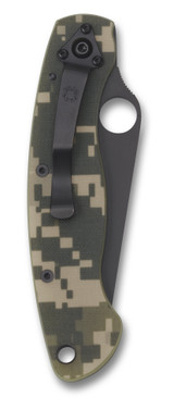 Spyderco Military folding knife with thumb hole - shown closed pocket clip side.  Black S30V stainless steel plain edge blade.  Digi Camo G-10 handle.  Model C36GPCMOBK.