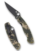 Spyderco Military folding knife with thumb hole - shown open presentation side and closed pocket clip side.  Black S30V stainless steel plain edge blade.  Digi Camo G-10 handle.  Model C36GPCMOBK.