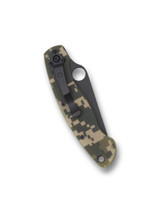 Spyderco Military folding knife with thumb hole - shown closed pocket clip side.  Black S30V stainless steel plain edge blade.  Digi Camo G-10 handle.  Model C36GPCMOBK.