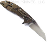 Rick Hinderer Knives Fatty XM-18 3.5" Wharncliffe folding knife with thumb stud and flipper tab - shown open lock side.  Stonewash S45VN stainless steel plain edge blade.  Red G-10 handle with stonewash bronze lock side.  Model KXM35FAWC.