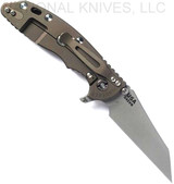Rick Hinderer Knives Fatty XM-18 3.5" Wharncliffe folding knife with thumb stud and flipper tab - shown open lock side.  Working Finish S45VN stainless steel plain edge blade.  Coyote G-10 handle with Battle Bronze lock side.  Model KXM35FAWC.