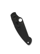 Spyderco Military 2 folding knife with thumb hole - shown closed pocket clip side.  Black S30V stainless steel plain edge blade.  Black G-10 handle.  Model C36GPBK2.