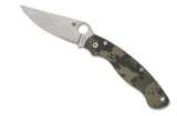 Spyderco Military 2 folding knife with thumb hole - shown open presentation side.  Satin S30V stainless steel plain edge blade.  Digi Camo G-10 handle.  Model C36GPCMO2.