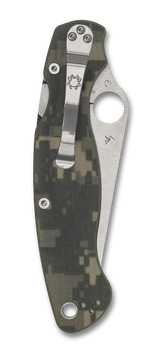 Spyderco Military 2 folding knife with thumb hole - shown closed pocket clip side.  Satin S30V stainless steel plain edge blade.  Digi Camo G-10 handle.  Model C36GPCMO2.