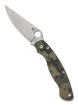 Spyderco Military 2 folding knife with thumb hole - shown open presentation side.  Satin S30V stainless steel plain edge blade.  Digi Camo G-10 handle.  Model C36GPCMO2.