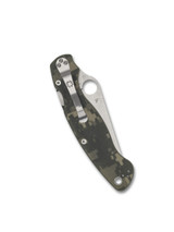 Spyderco Military 2 folding knife with thumb hole - shown closed pocket clip side.  Satin S30V stainless steel plain edge blade.  Digi Camo G-10 handle.  Model C36GPCMO2.