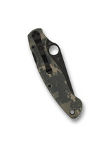 Spyderco Military 2 folding knife with thumb hole - shown closed pocket clip side.  Black S30V stainless steel plain edge blade.  Digi Camo G-10 handle.  Model C36GPCMOBK2.