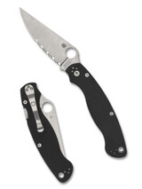 Spyderco Military 2 folding knife with thumb hole - shown open presentation side and closed pocket clip side.  Satin S30V stainless steel combo edge blade.  Black G-10 handle.  Model C36GPS2. Spyderco Military 2 folding knife with thumb hole - shown open presentation side and closed pocket clip side.  Satin S30V stainless steel combo edge blade.  Black G-10 handle.  Model C36GPS2.