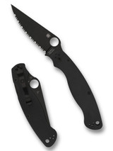 Spyderco Military 2 folding knife with thumb hole - shown open presentation side and closed pocket clip side.  Black S30V stainless steel serrated edge blade.  Black G-10 handle.  Model C36GSBK2.