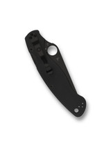 Spyderco Military 2 folding knife with thumb hole - shown closed pocket clip side.  Black S30V stainless steel serrated edge blade.  Black G-10 handle.  Model C36GSBK2.