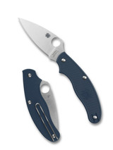 Spyderco UKPK Leaf folding knife with thumb hole - shown open presentation side and closed pocket clip side.  Satin SPY27 stainless steel plain edge blade. Cobalt Blue FRN handle.  Model C94PCBL.