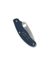 Spyderco UKPK Leaf folding knife with thumb hole - shown closed pocket clip side.  Satin SPY27 stainless steel plain edge blade. Cobalt Blue FRN handle.  Model C94PCBL.