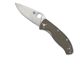 Spyderco Tenacious folding knife with thumb hole - shown open presentation side.  Satin M4 steel plain edge blade.  Brown G-10 handle.  C122GBNM4P.