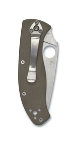 Spyderco Tenacious folding knife with thumb hole - shown closed pocket clip side.  Satin M4 steel plain edge blade.  Brown G-10 handle.  C122GBNM4P.