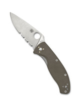 Spyderco Tenacious folding knife with thumb hole - shown open presentation side.  Satin M4 steel combo edge blade.  Brown G-10 handle.  C122GBNM4PS.