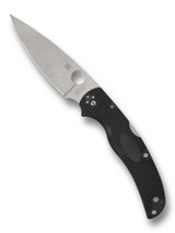 Spyderco Native Chief folding knife with thumb hole - shown open presentation side.  Satin CTS-BD1N stainless steel plain edge blade.  Black FRN handle.  Model C244PBK.